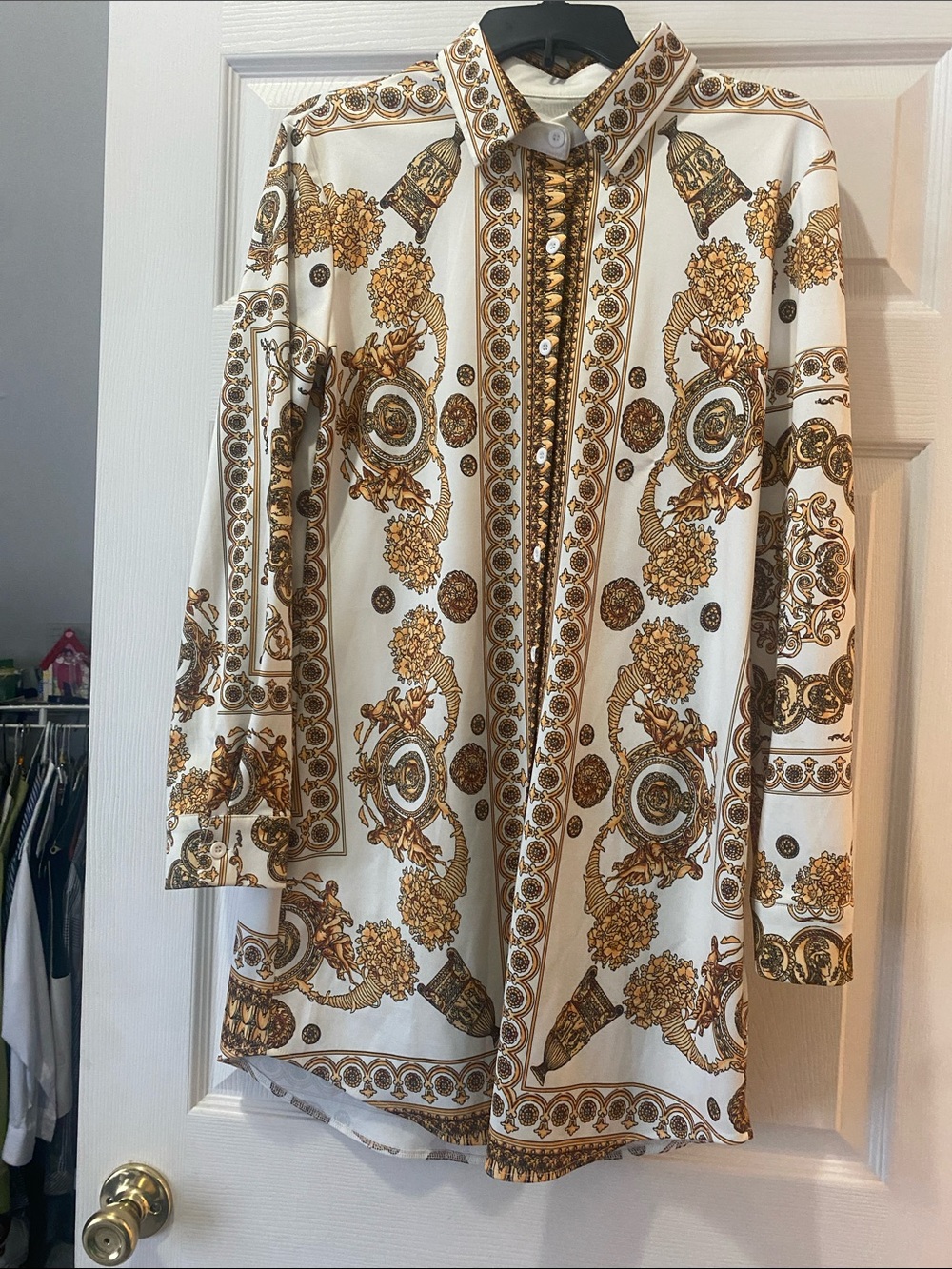 Versace Collection White and Gold Baroque Button-Down Shirt